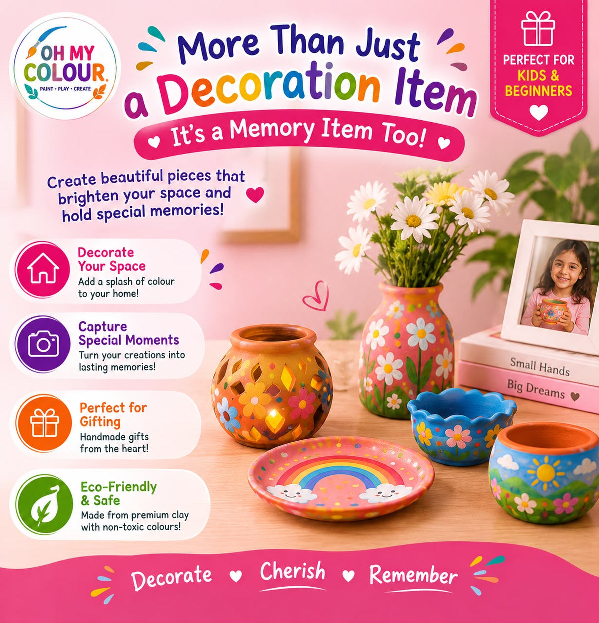Clay Pottery Painting Set – 6 Pots, 6 Colors & 2 Brushes | Reusable Kids Art Kit