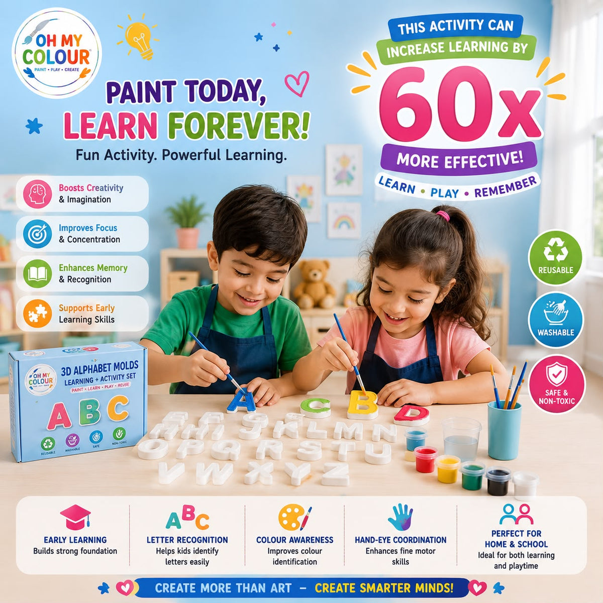 Alphabet Learning & Painting Set – A to Z 3D Molds, 6 Colors & 4 Brushes | Reusable & Washable Kids Activity Kit