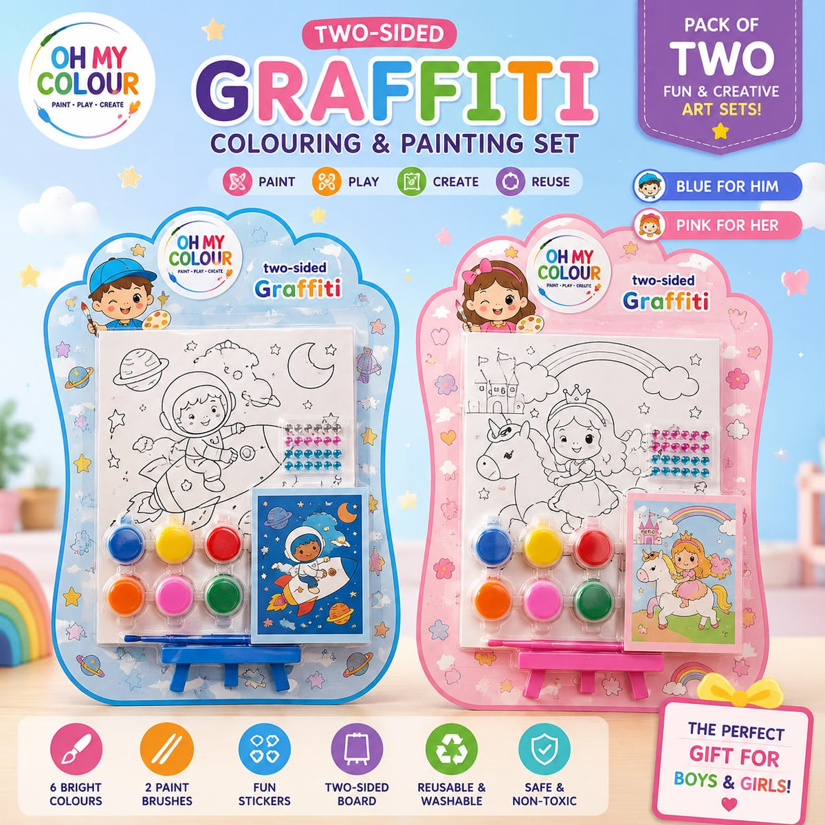 Kids Two-Sided Graffiti Coloring & Painting Set – Pack of 2, 6 Colors & 2 Brushes Each | Reusable & Washable Art Kit