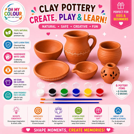 Clay Pottery Painting Set – 6 Pots, 6 Colors & 2 Brushes | Reusable Kids Art Kit