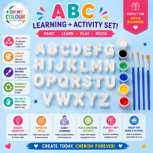 Alphabet Learning & Painting Set – A to Z 3D Molds, 6 Colors & 4 Brushes | Reusable & Washable Kids Activity Kit