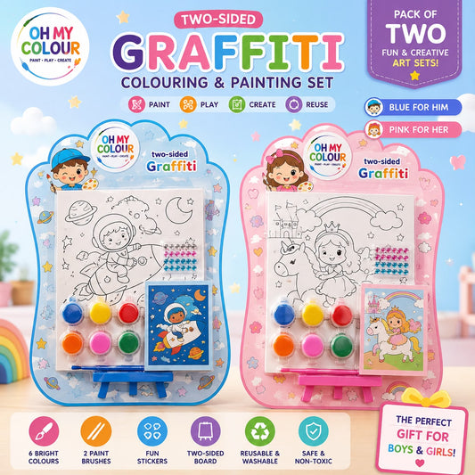 Kids Two-Sided Graffiti Coloring & Painting Set – Pack of 2, 6 Colors & 2 Brushes Each | Reusable & Washable Art Kit